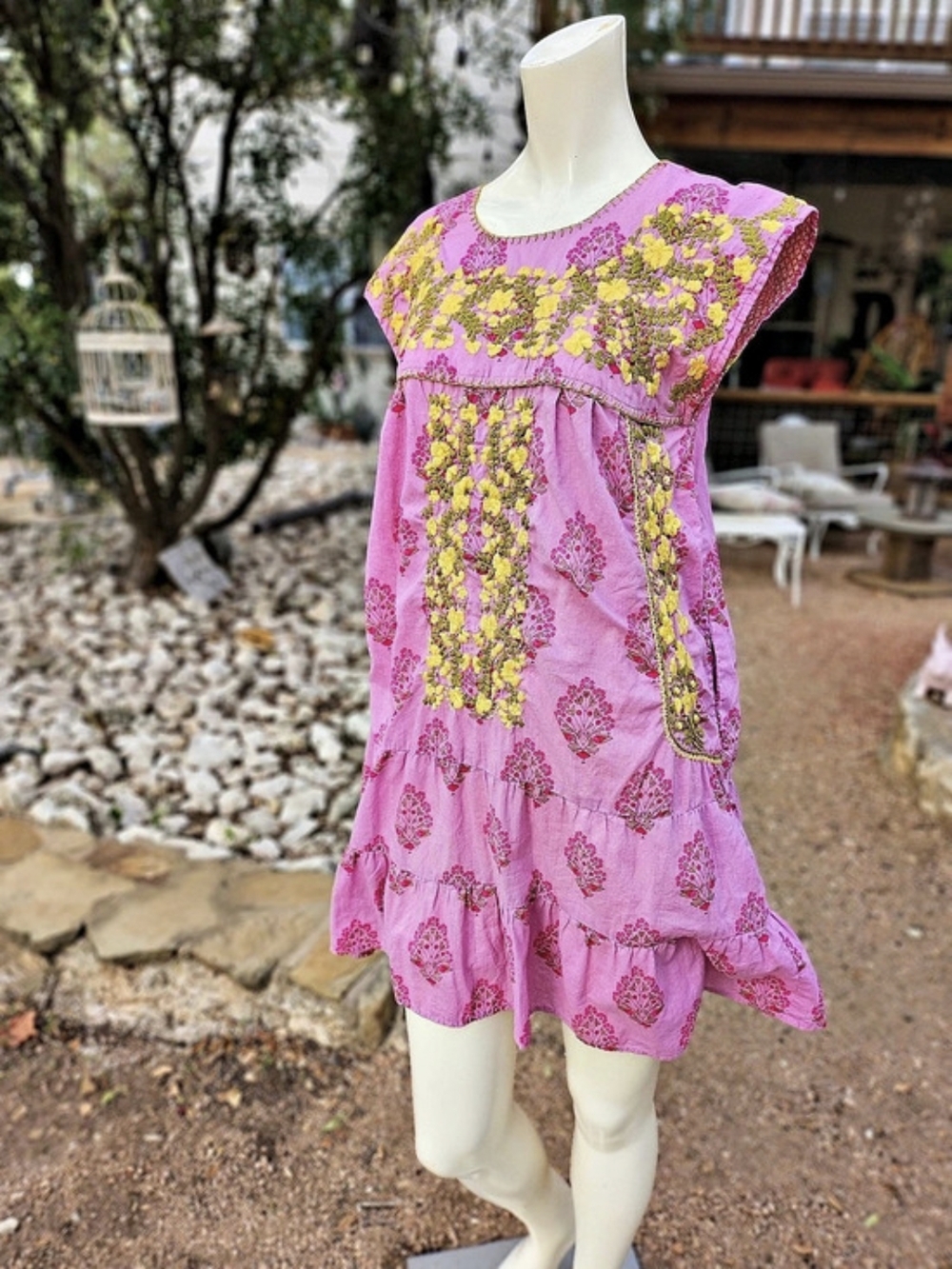 Sister Mary Saria Floral Embroidered Mini Dress in Pink Cotton XS